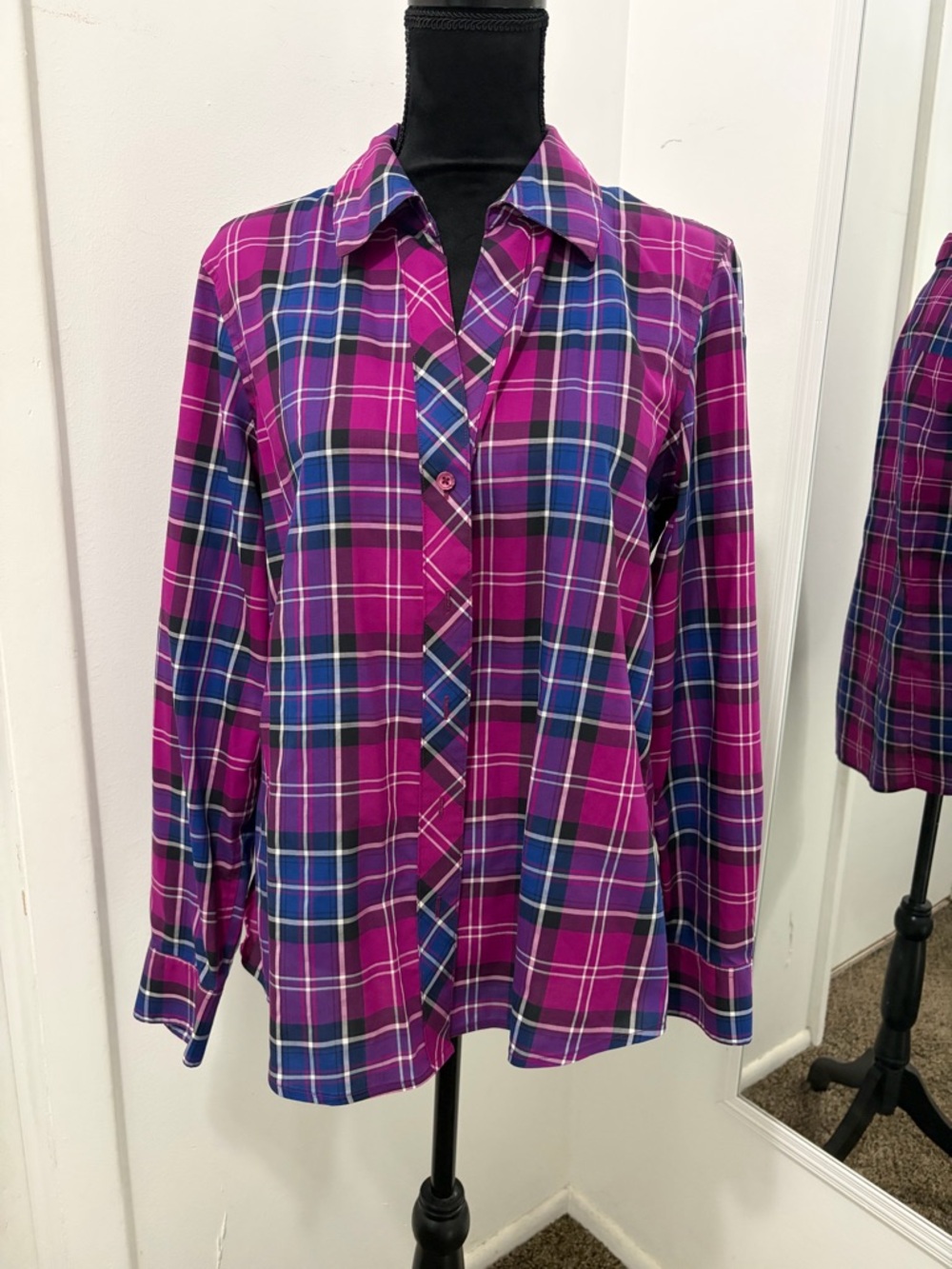 Plaid Button-Front Blouse in Fuchsia and Blue